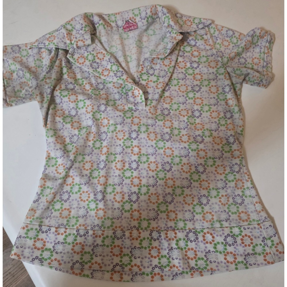 Permanent Press Polo Shirt Women M White Floral 70s Vintage Short Sleeve Top
